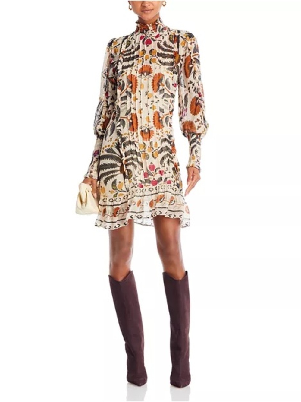 FARM Rio Palms Paradise Cream Floral Smocked High-Neck Long-Sleeve Mini Dress - Picture 5 of 15
